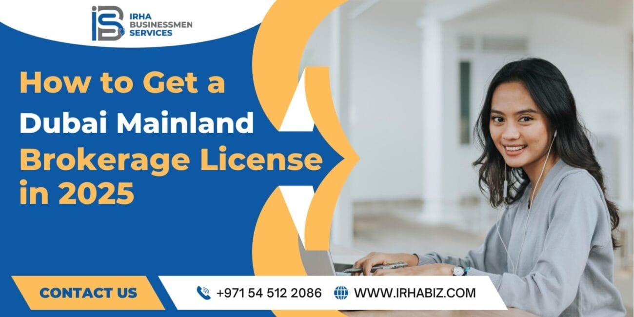 Professional consultant explaining the process of obtaining a brokerage license in Dubai mainland with documents on the desk.
