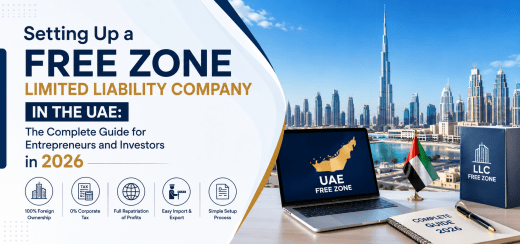 Setting Up a Free Zone Limited Liability Company in the UAE Complete Guide for Entrepreneurs and Investors in 2026 with Dubai skyline and UAE business setup concept