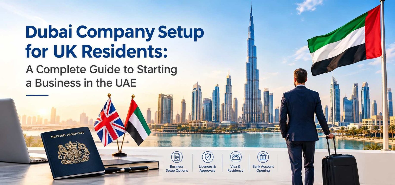 Dubai company setup for UK residents with British passport and UAE skyline.