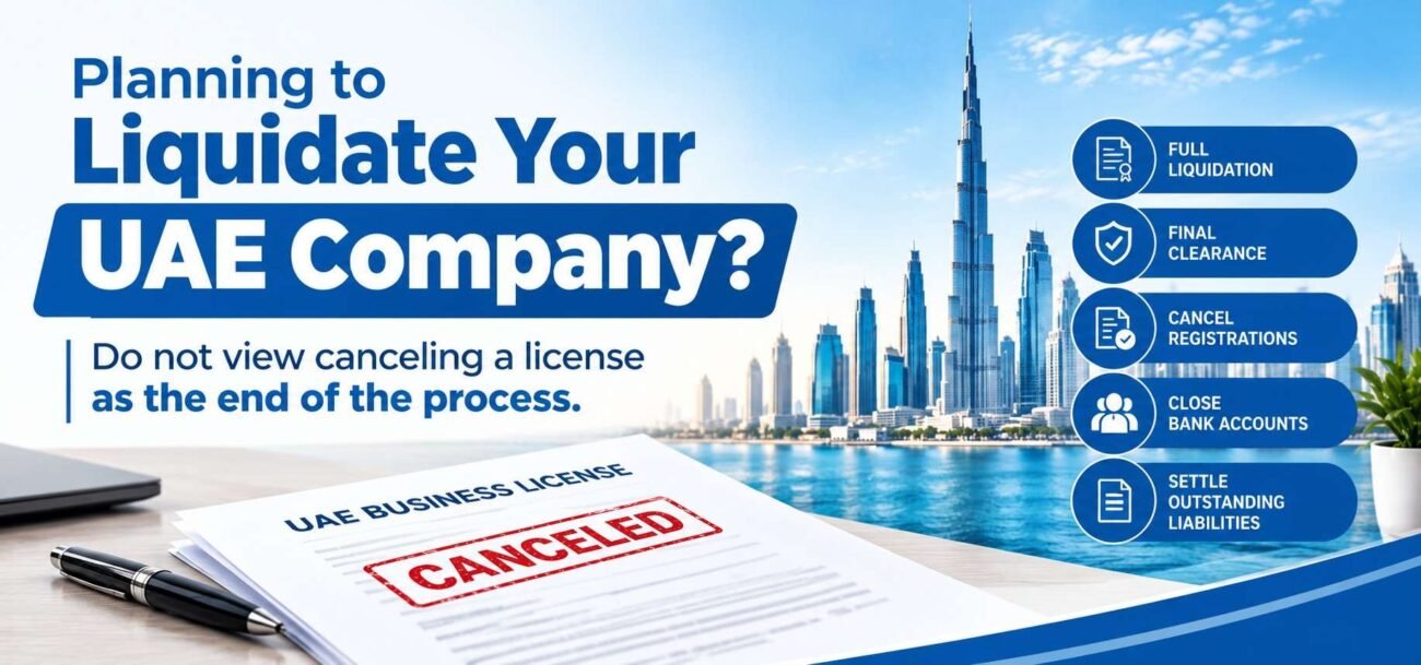 planning-to-liquidate-your-uae-company 2 UAE company liquidation banner featuring the Dubai skyline, a canceled business license, and key steps for completing company liquidation.