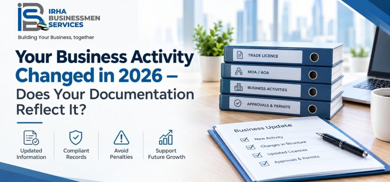business setup review uae 2 Banner by Irha Businessmen Services asking whether your documentation reflects 2026 business activity changes, showing binders labelled Trade Licence, MOA/AOA, Business Activities and Approvals & Permits beside a checklist.